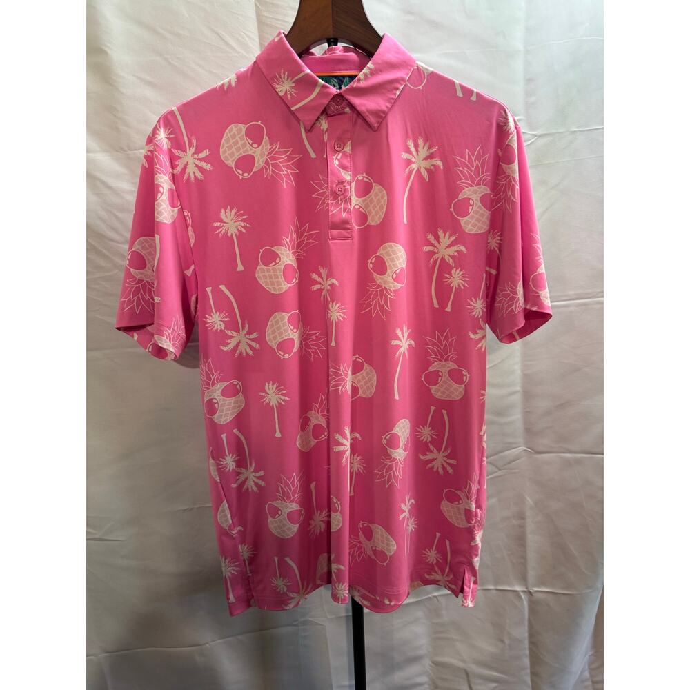 Birdie Bound Polo Shirt Men’s M Neon Pink Tropical Pineapple Golf Easy Care